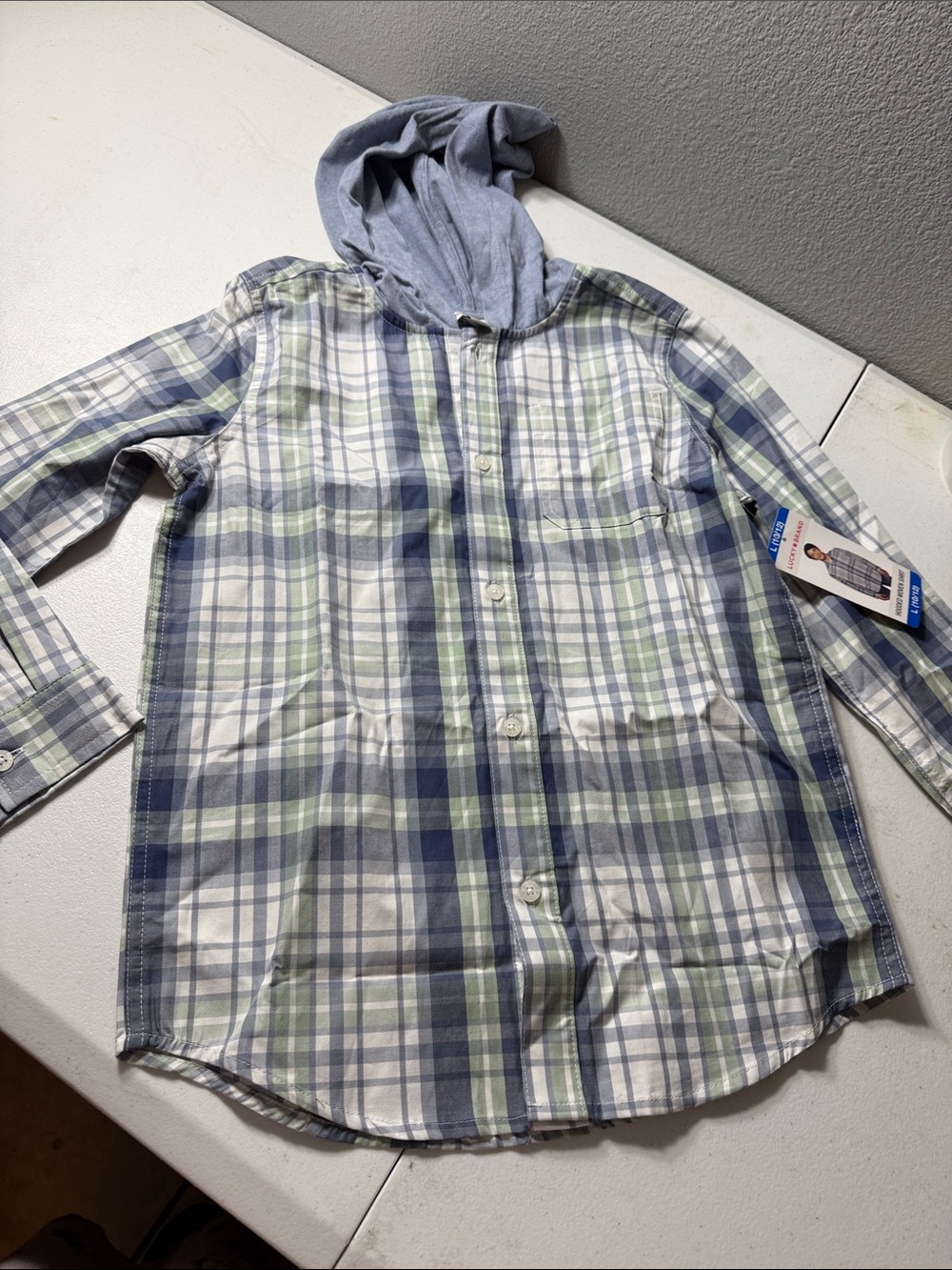 Lucky Brand Plaid Button-Down Shirt with Hood - Blue, Green, White
